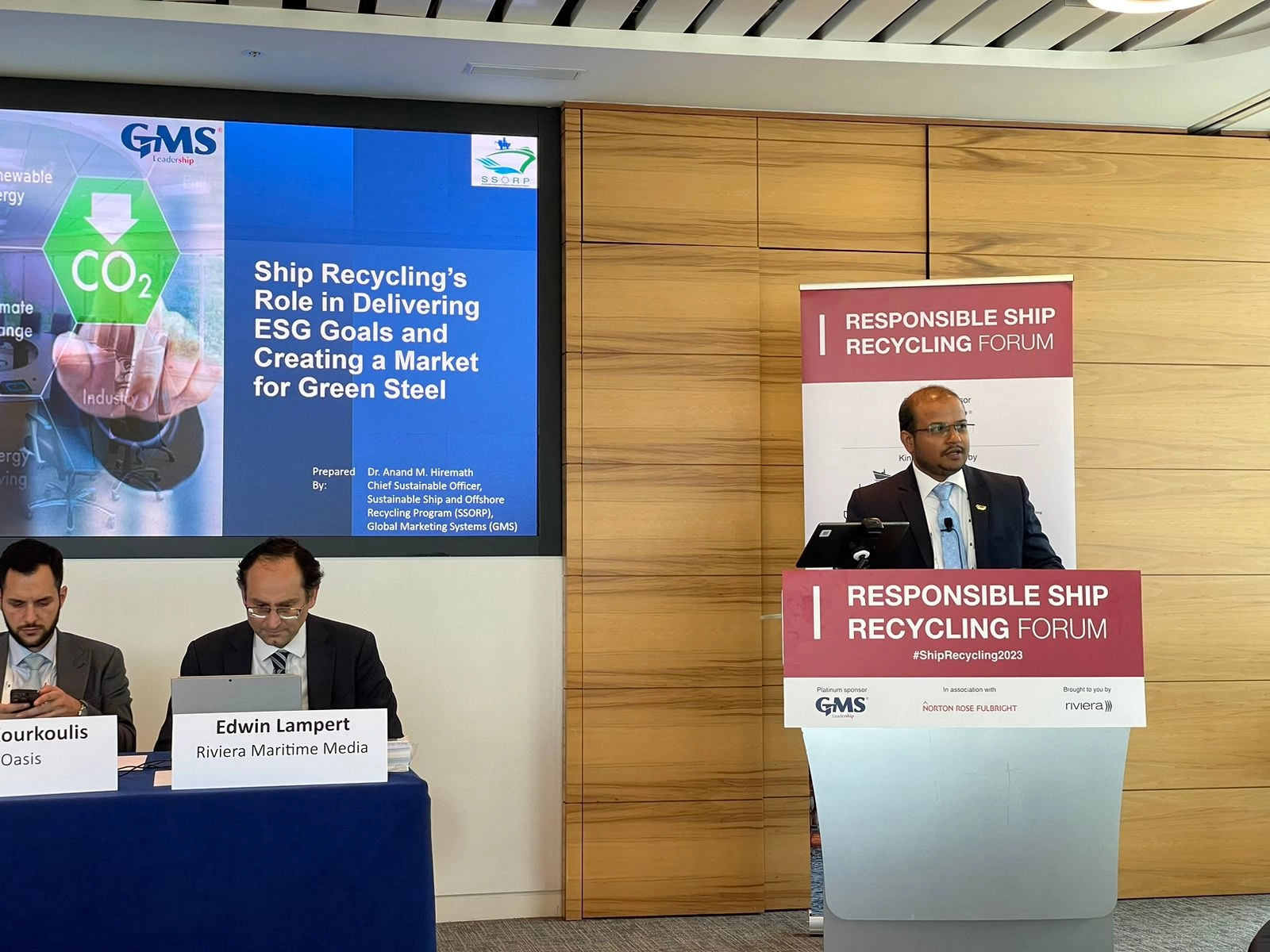 Dr. Anand Hiremath of GMS Leadership speaks at Riviera Maritime Ship Recycling Forum 2023 on ESG targets and green steel in ship recycling