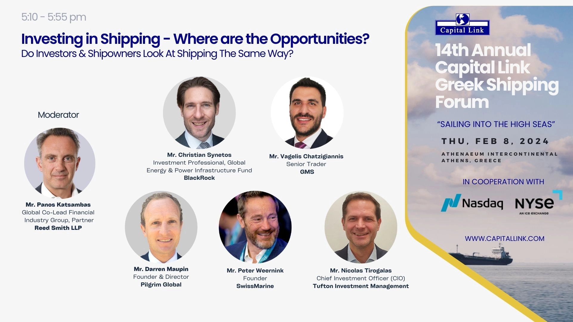 Vagelis Chatzigiannis of GMS Leadership speaks at Capital Link Greek Shipping Forum 2024 in Athens on investment opportunities in shipping