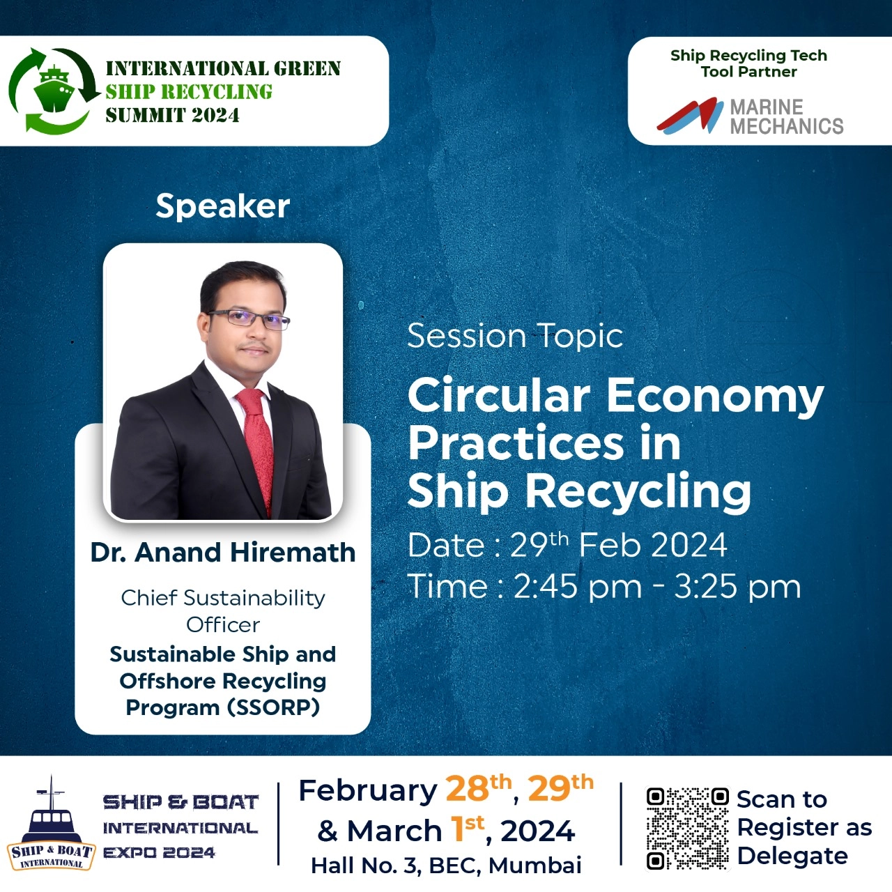 Dr. Anand Hiremath of GMS Leadership presents on circular economy in ship recycling at International Green Ship Recycling Summit 2024 in Mumbai