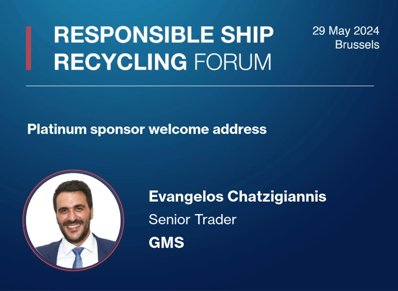 Evangelos Chatzigiannis of GMS Leadership delivering Platinum Sponsor Welcome Address at Responsible Ship Recycling Forum 2024 in Brussels