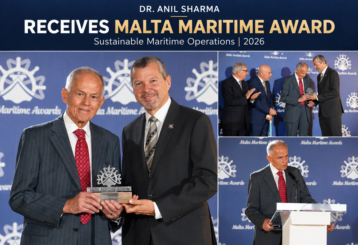 Prof. Andreas Merikas accepts the Malta Maritime Award on behalf of Dr. Anil Sharma from IMO Secretary-General Arsenio Dominguez at the Malta Maritime Awards 2026.